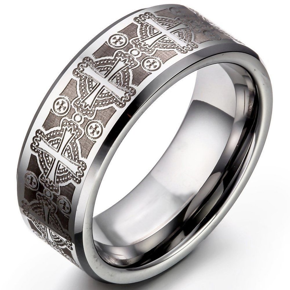 Mens Tungsten Wedding Band 8mm. Silver w/ Laser Etched Celtic Crosses & Beveled